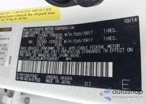 2015 Toyota 4Runner Sr5 z USA, uszkodzony, nr VIN JTEZU5JR7F5088087